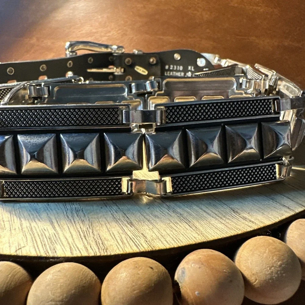 Vintage Stainless Steel & Leather Heavy Metal Leather Punk Goth Belt And Buckle